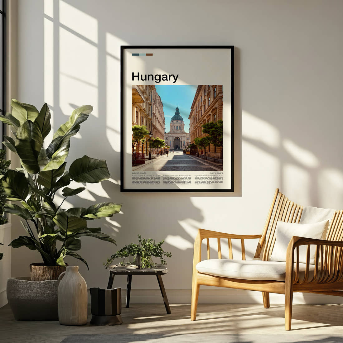 Hungary St Stephens Basilica Travel Print framed on a pale wall beside houseplants