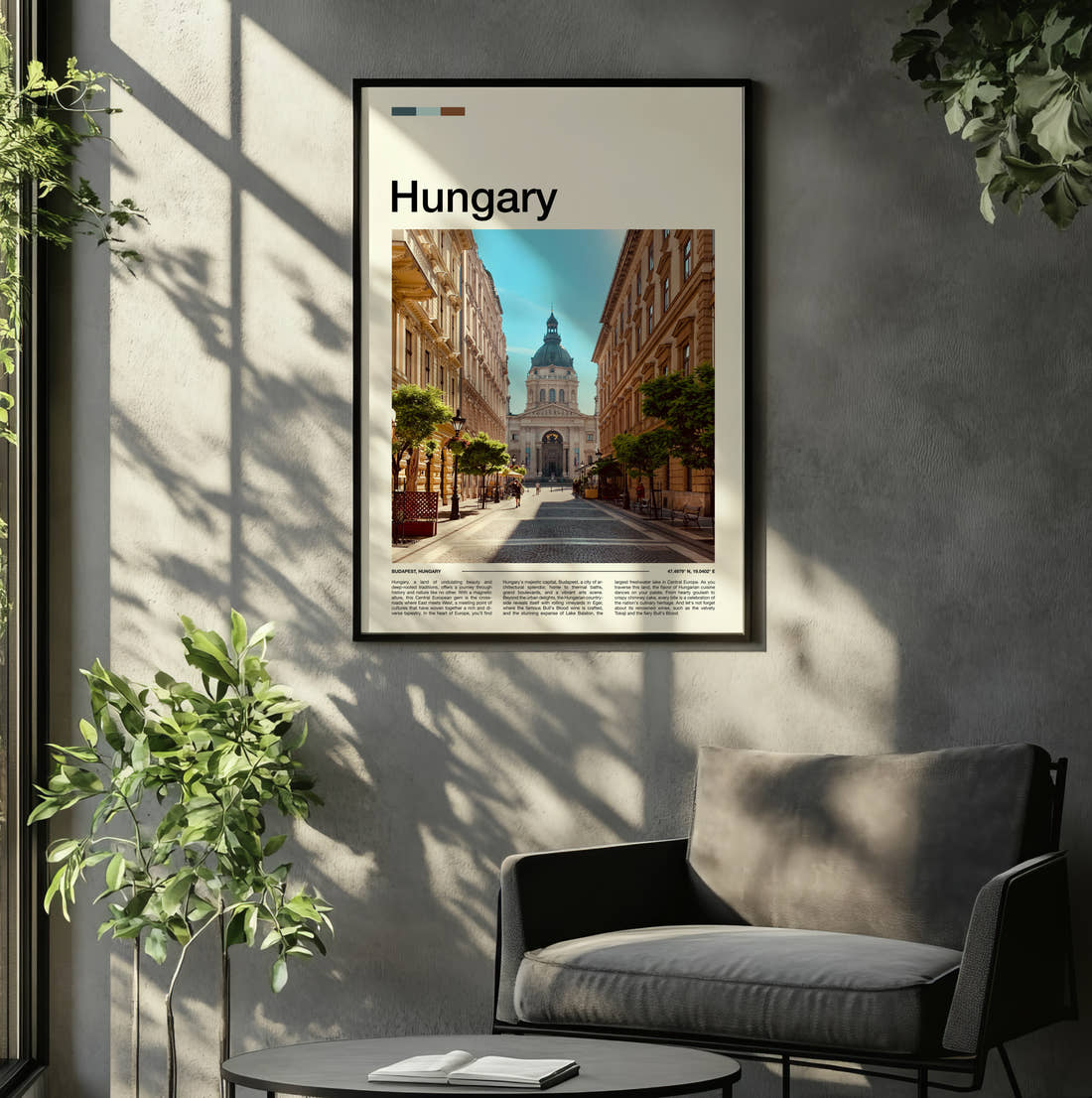 Hungary St Stephens Basilica Travel Print framed on the wall of a relaxed living room