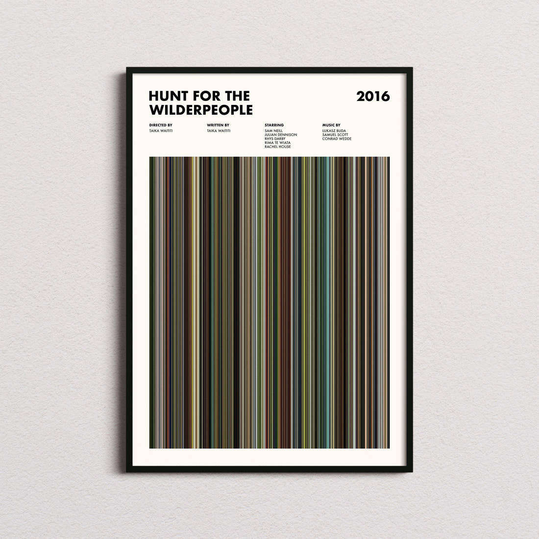Hunt for the Wilderpeople Movie Barcode Poster framed on a plain studio wall
