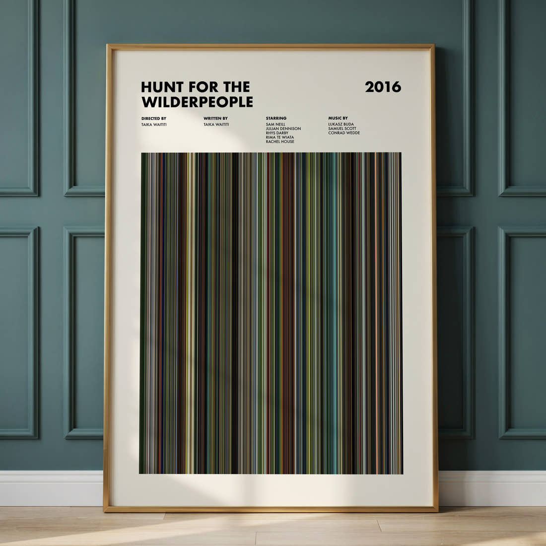 Hunt for the Wilderpeople Movie Barcode Poster framed and leaning against a panelled wall