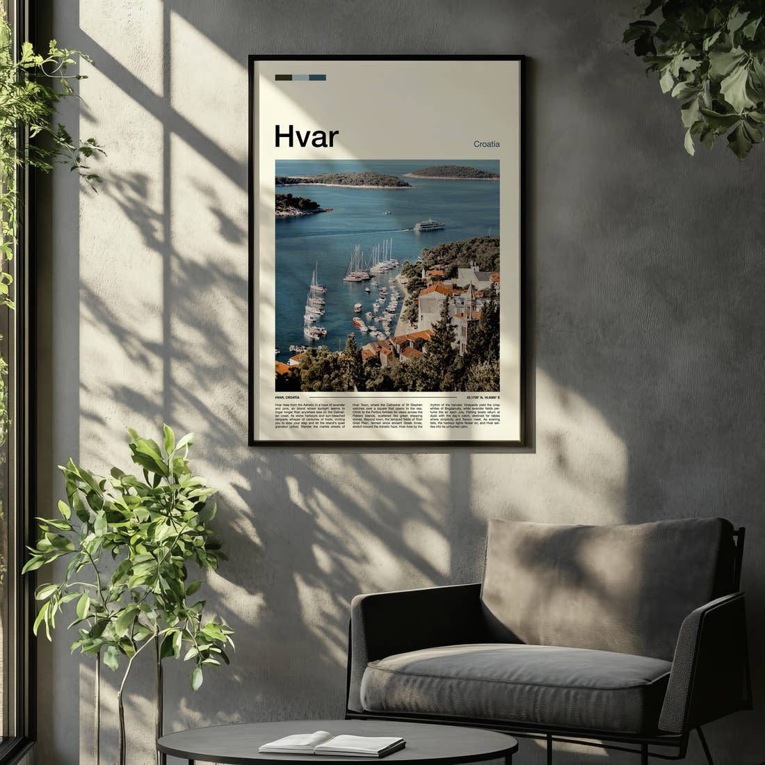 Hvar Harbour From Above Travel Print framed on the wall of a relaxed living room