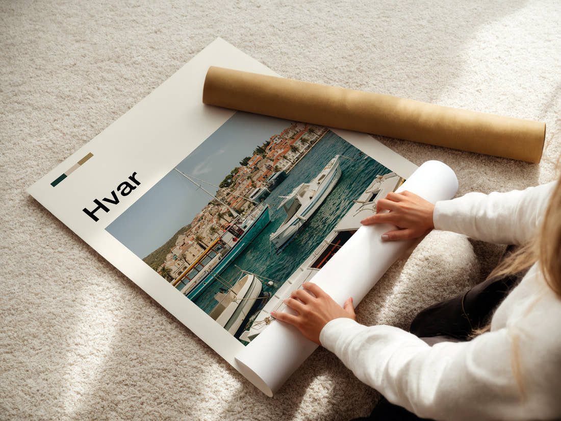 Hvar Harbour Boats View Travel Print being unrolled from its postal tube