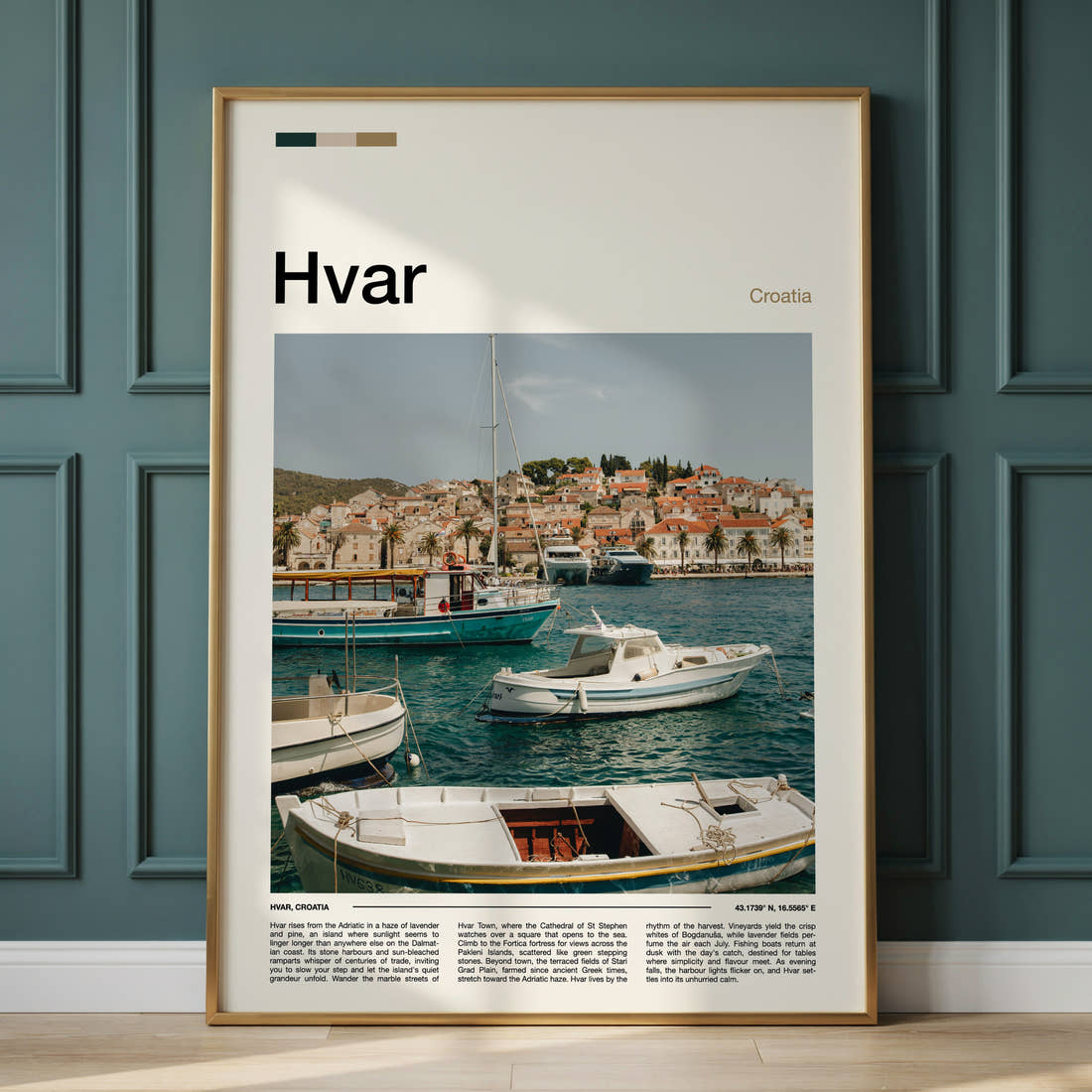 Hvar Harbour Boats View Travel Print framed on the wall of a calm, neutral bedroom