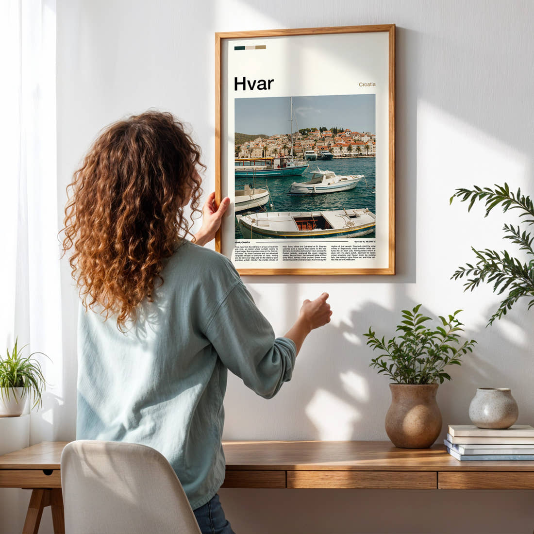 Hvar Harbour Boats View Travel Print framed on a pale wall beside houseplants