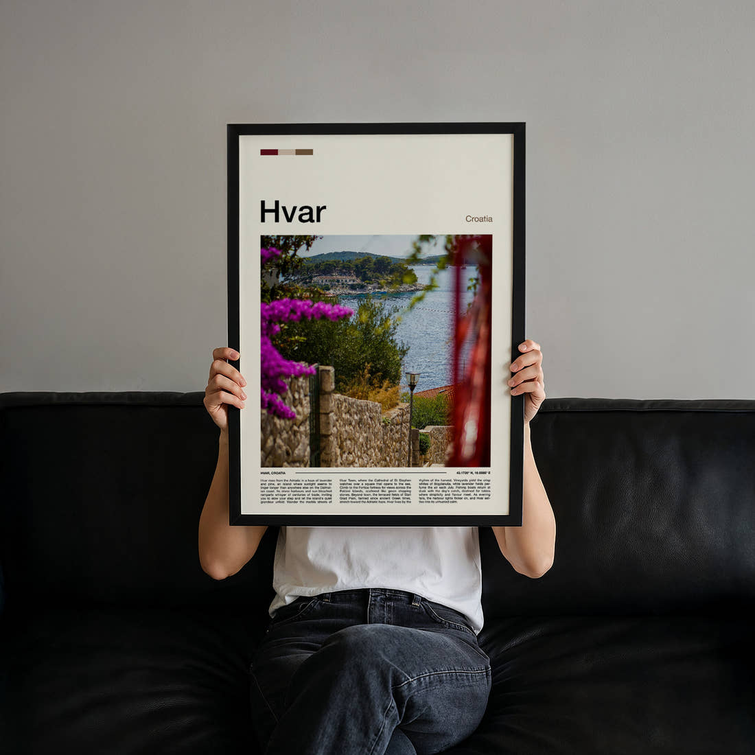 Hvar Coastal Garden View Travel Print held up by hand to show the size of the print