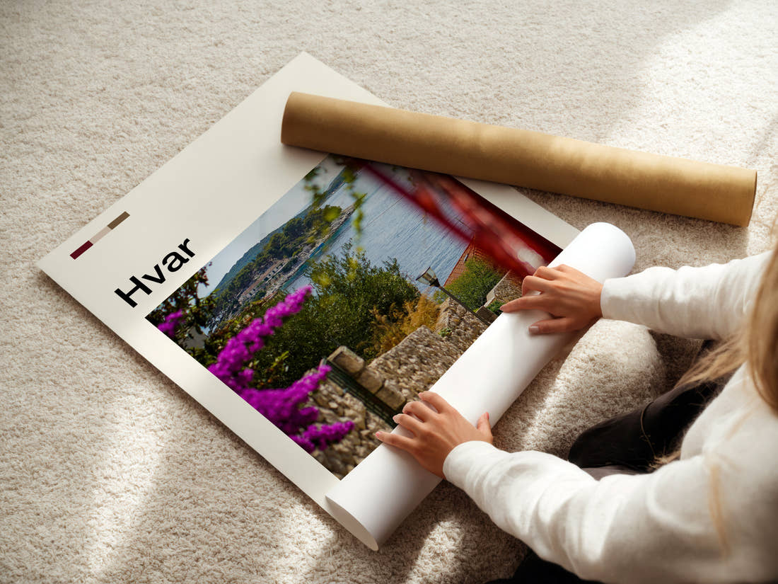 Hvar Coastal Garden View Travel Print being unrolled from its postal tube