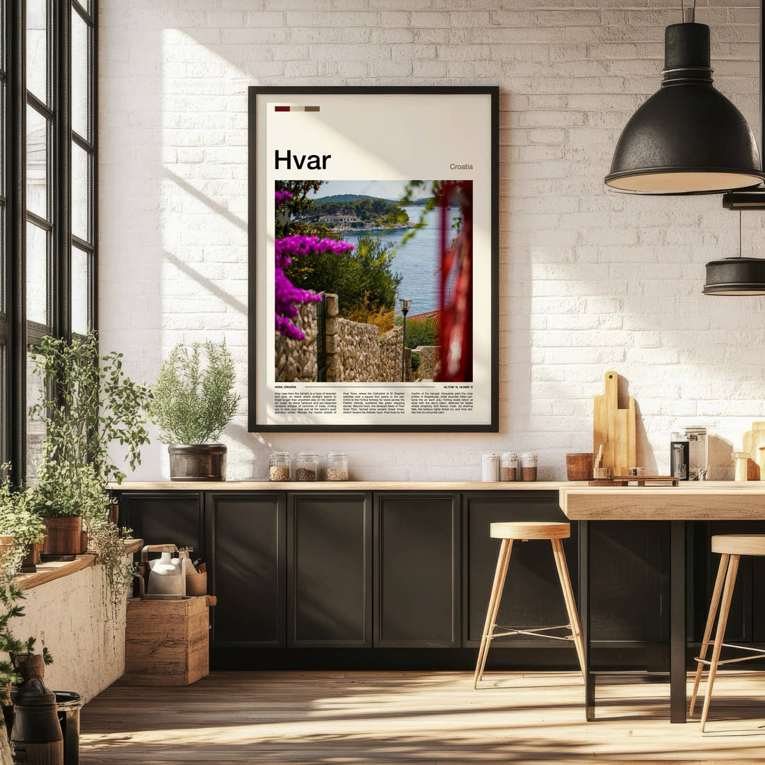 Hvar Coastal Garden View Travel Print framed on the wall of a bright kitchen and dining space