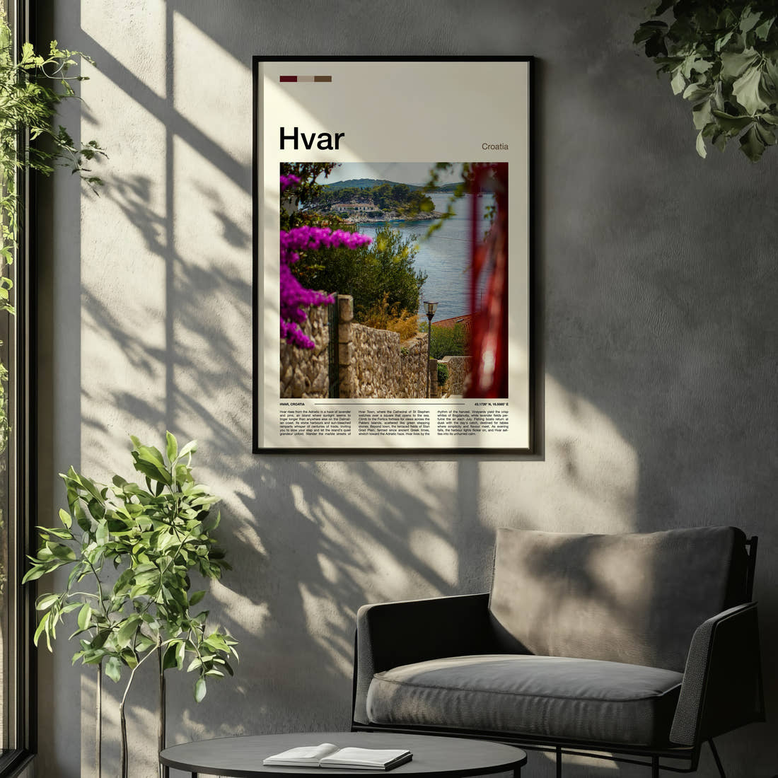 Hvar Coastal Garden View Travel Print framed on the wall of a relaxed living room