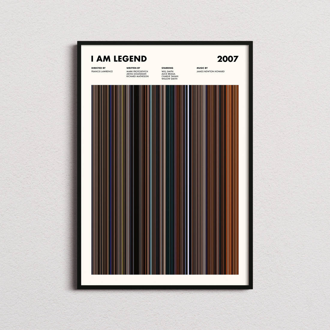 I Am Legend Movie Barcode Poster framed on a plain studio wall