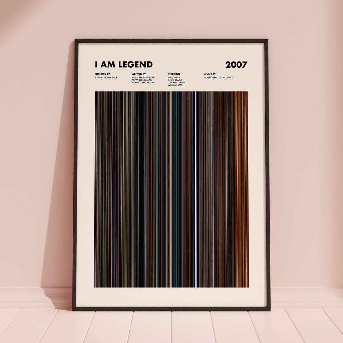 I Am Legend Movie Barcode Poster framed and leaning against a coloured wall