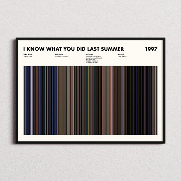 I Know What You Did Last Summer (1997) Movie Barcode Poster framed and photographed straight on