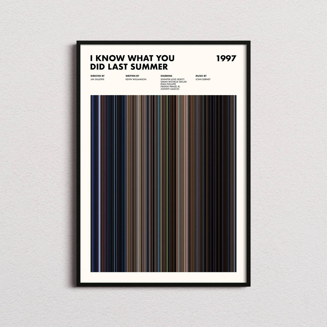 I Know What You Did Last Summer (1997) Movie Barcode Poster framed on a plain studio wall