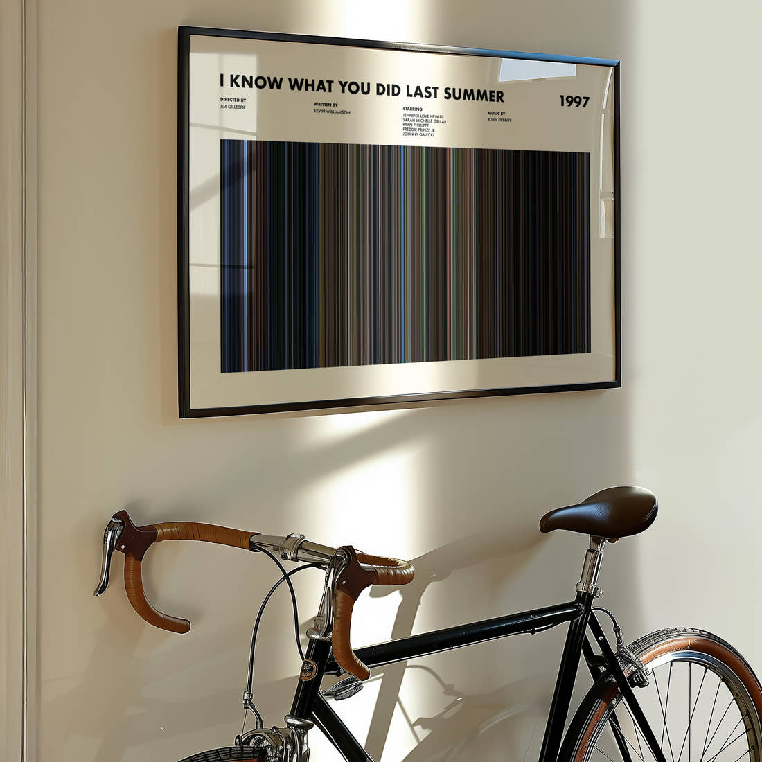I Know What You Did Last Summer (1997) Movie Barcode Poster framed on the wall of a styled room setting