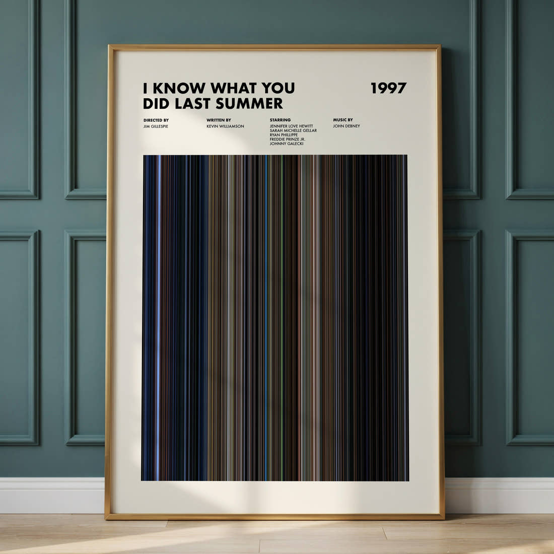 I Know What You Did Last Summer (1997) Movie Barcode Poster framed and leaning against a panelled wall