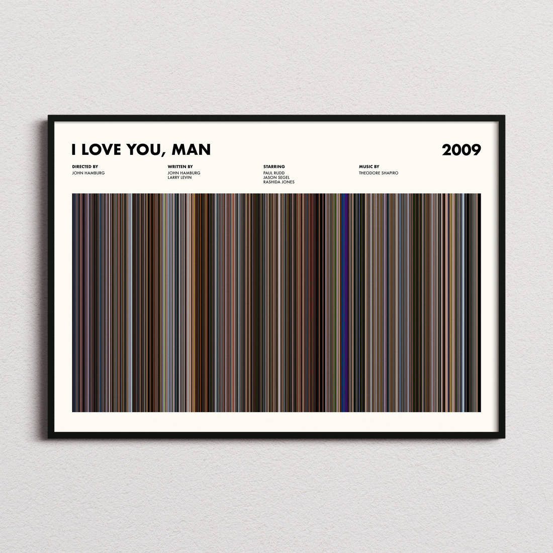 I Love You, Man Movie Barcode Poster framed and photographed straight on