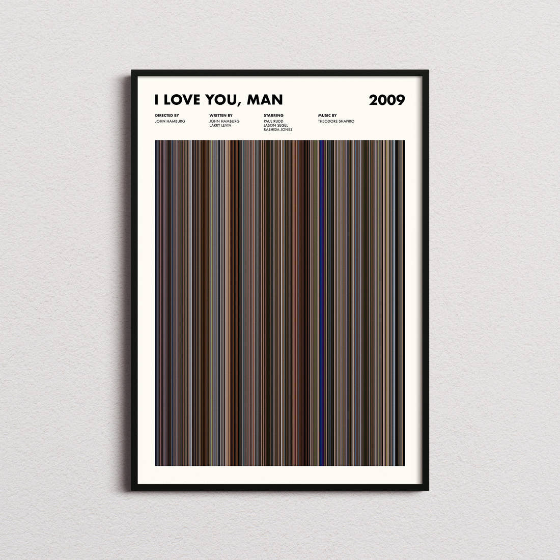 I Love You, Man Movie Barcode Poster framed on a plain studio wall