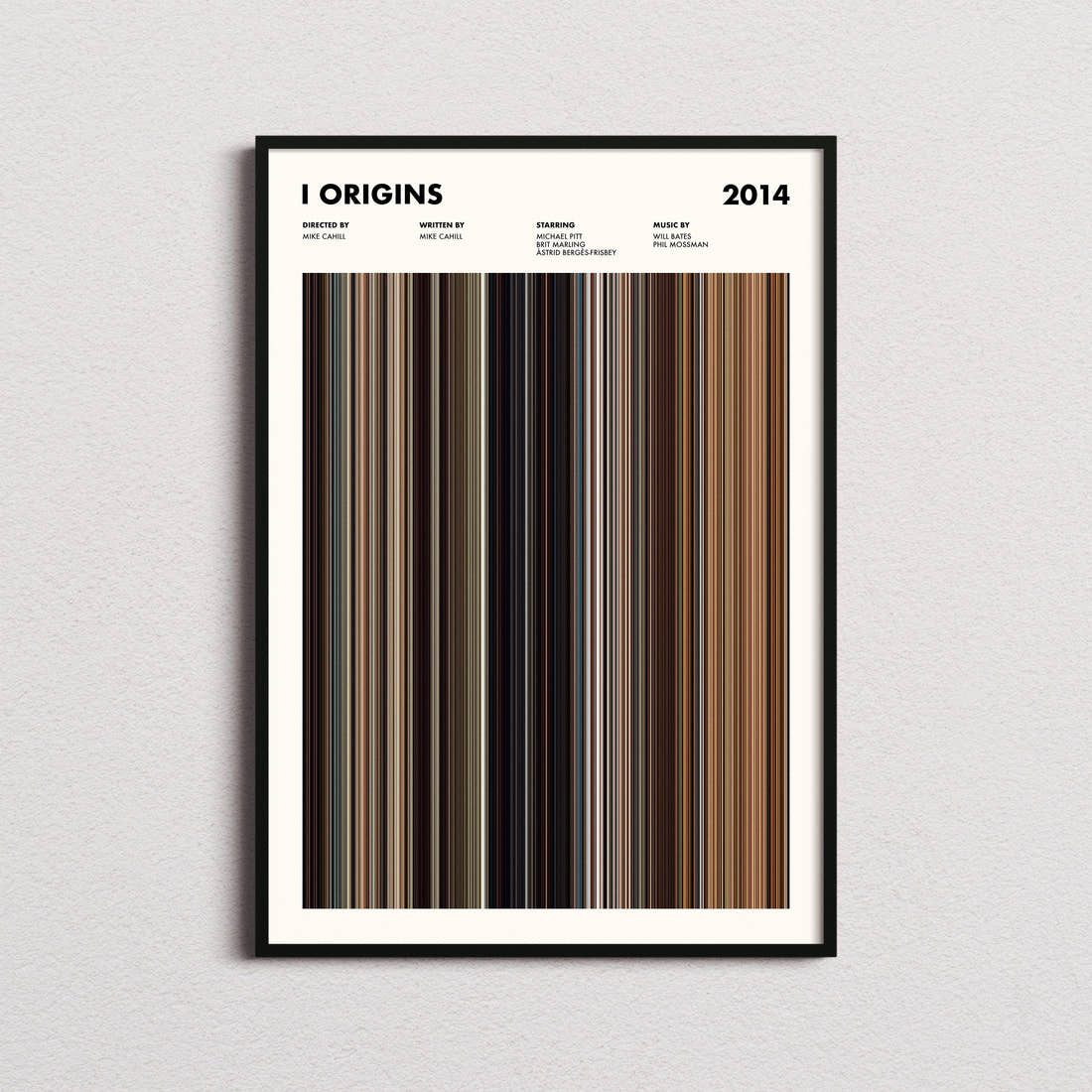 I Origins Movie Barcode Poster framed on a plain studio wall