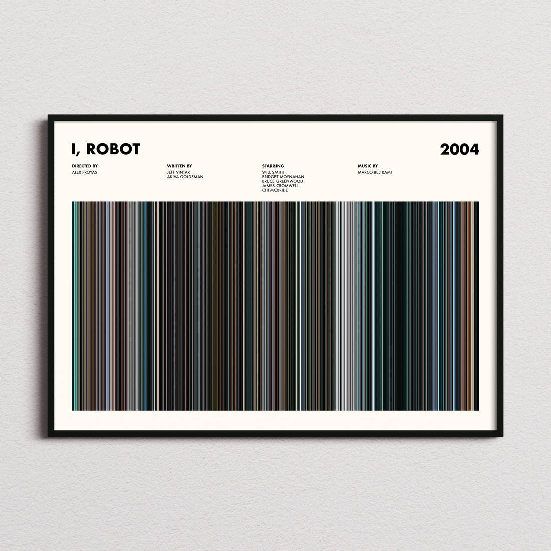 I, Robot Movie Barcode Poster framed and photographed straight on
