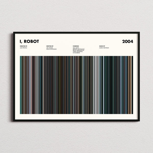 I, Robot Movie Barcode Poster framed and photographed straight on