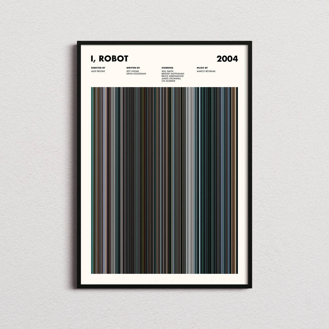 I, Robot Movie Barcode Poster framed on a plain studio wall