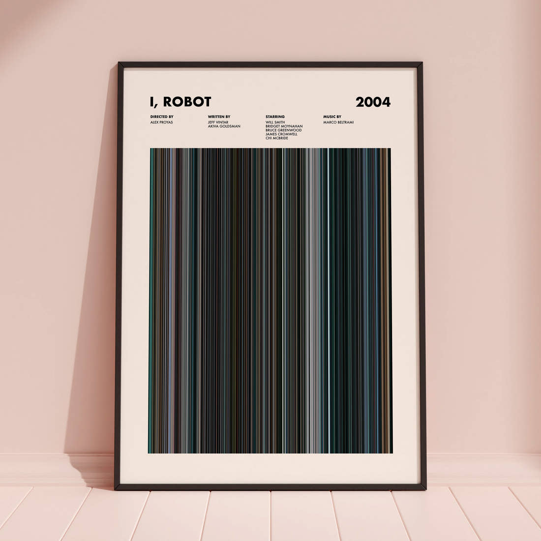 I, Robot Movie Barcode Poster framed and leaning against a coloured wall
