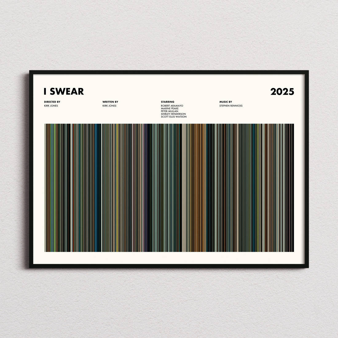 I Swear Movie Barcode Poster framed and photographed straight on