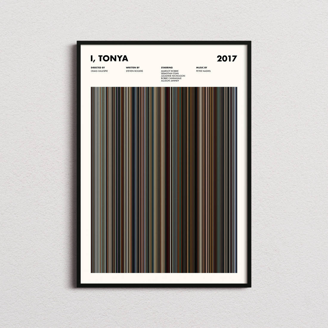 I, Tonya Movie Barcode Poster framed on a plain studio wall