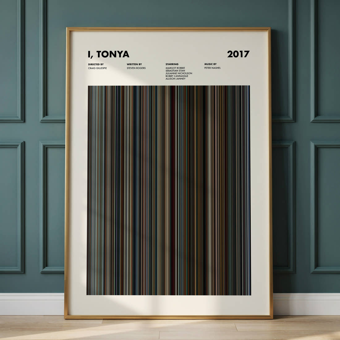 I, Tonya Movie Barcode Poster framed and leaning against a panelled wall