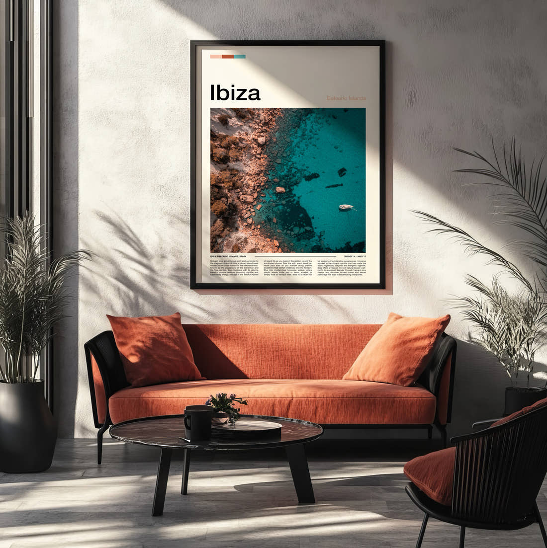 Ibiza Turquoise Cove Travel Print framed on the wall of a modern living room