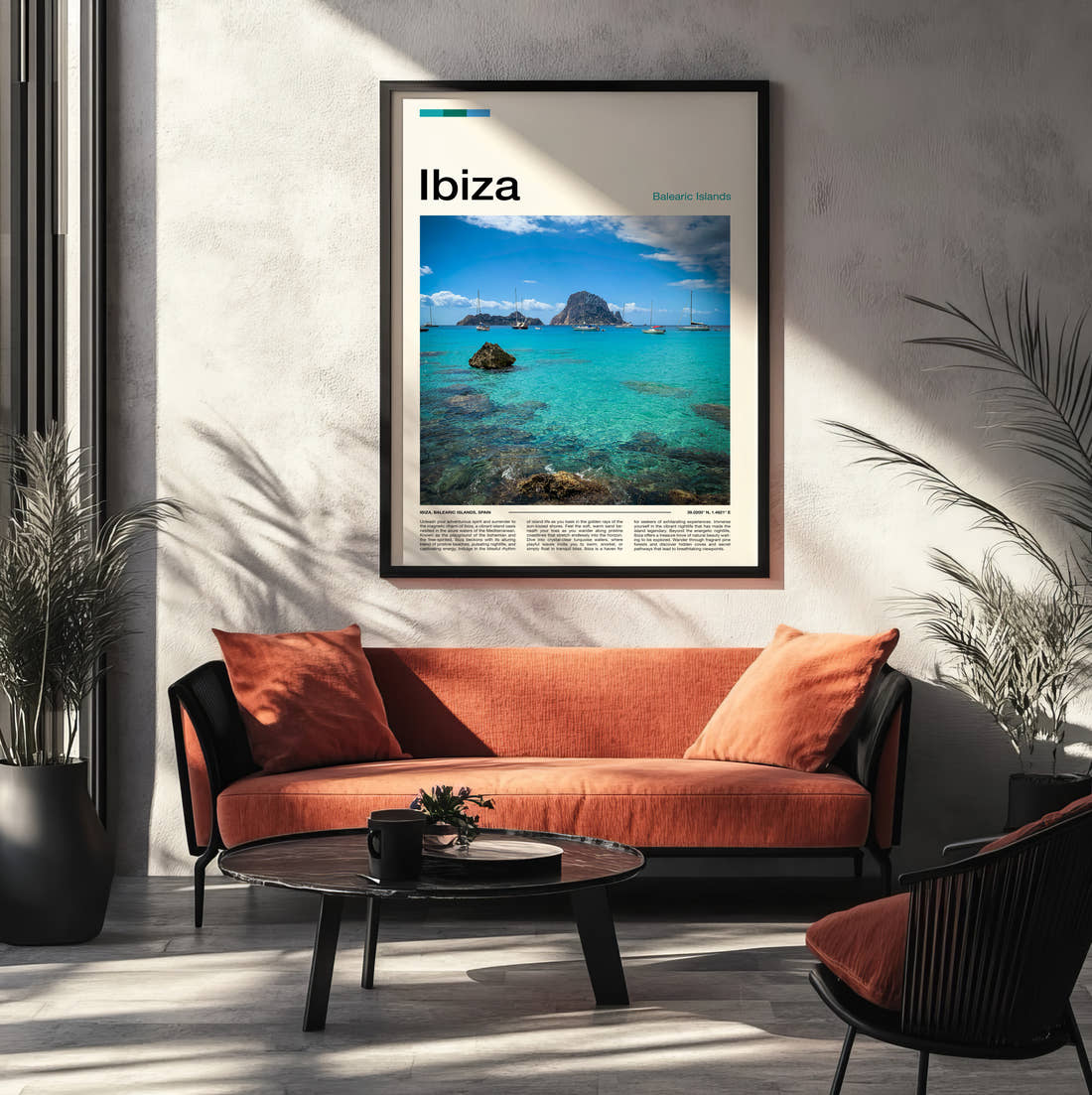 Ibiza Boats In Turquoise Bay Travel Print framed on the wall of a modern living room