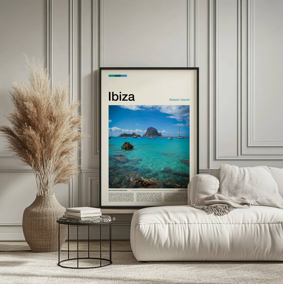 Ibiza Boats In Turquoise Bay Travel Print framed on the wall of a calm, neutral bedroom