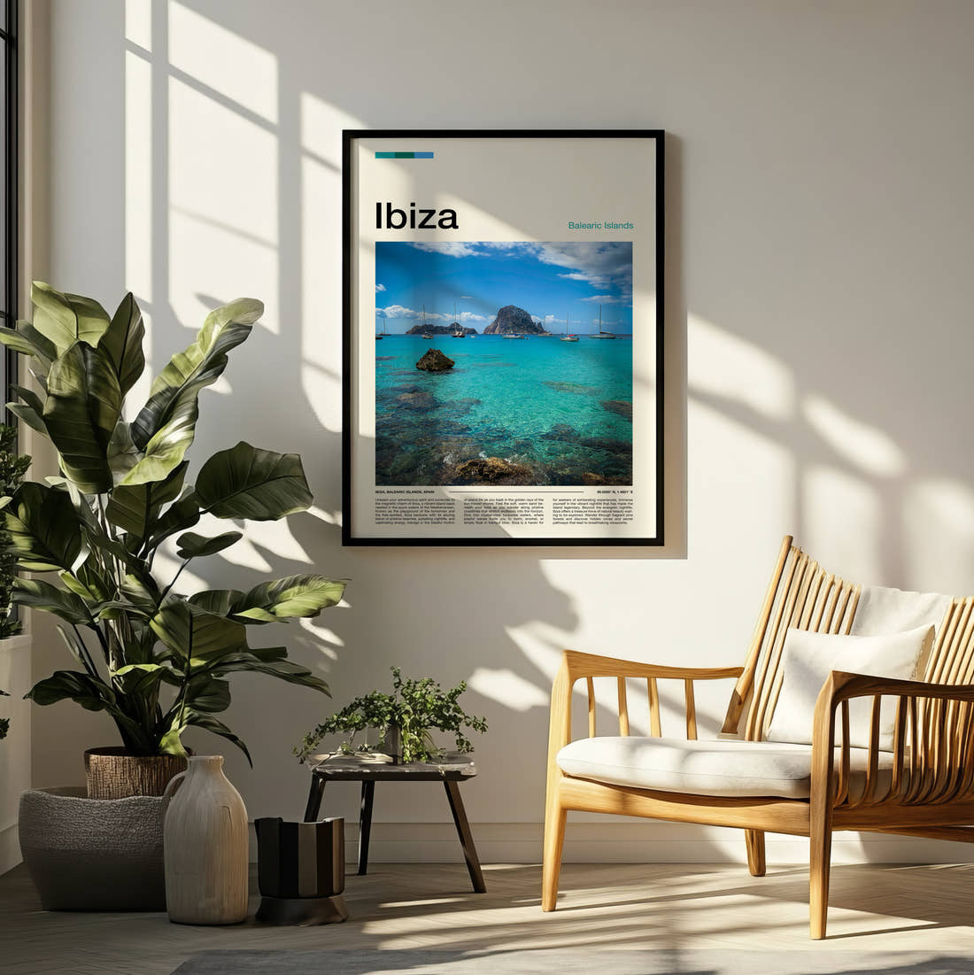 Ibiza Boats In Turquoise Bay Travel Print framed on a pale wall beside houseplants