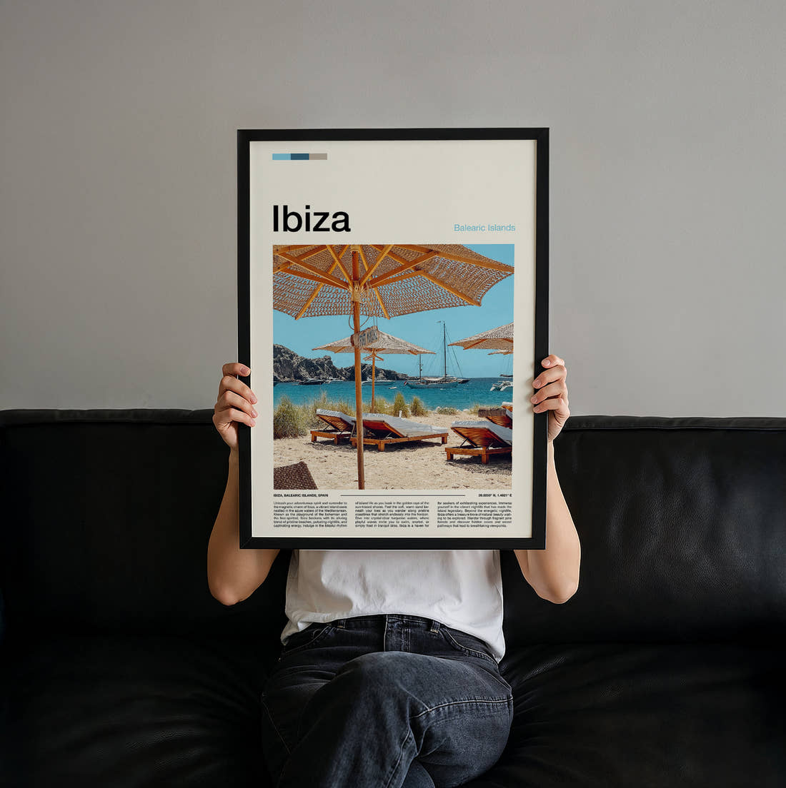 Ibiza Sun Loungers And Parasols Travel Print held up by hand to show the size of the print