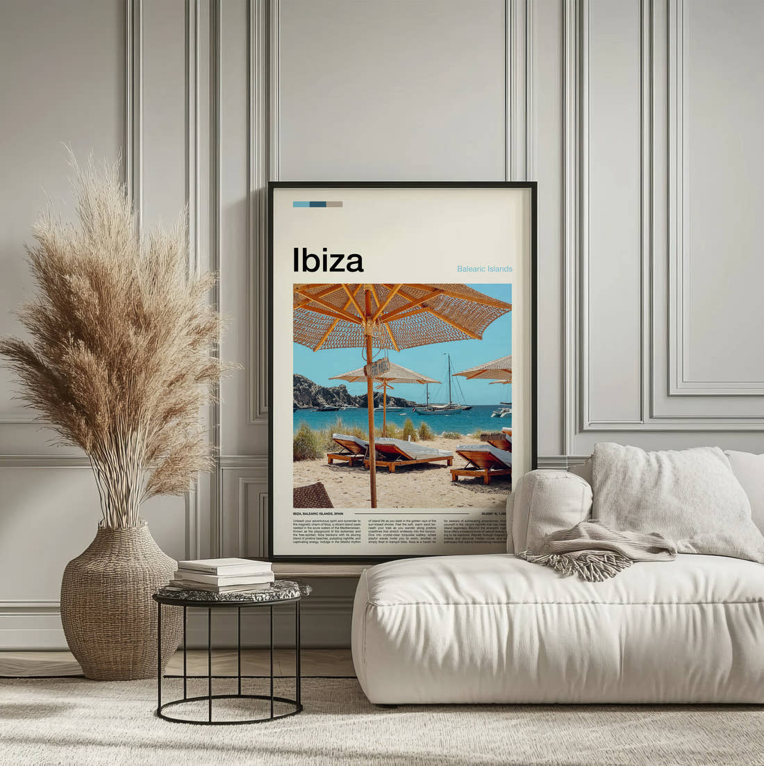 Ibiza Sun Loungers And Parasols Travel Print framed on the wall of a calm, neutral bedroom