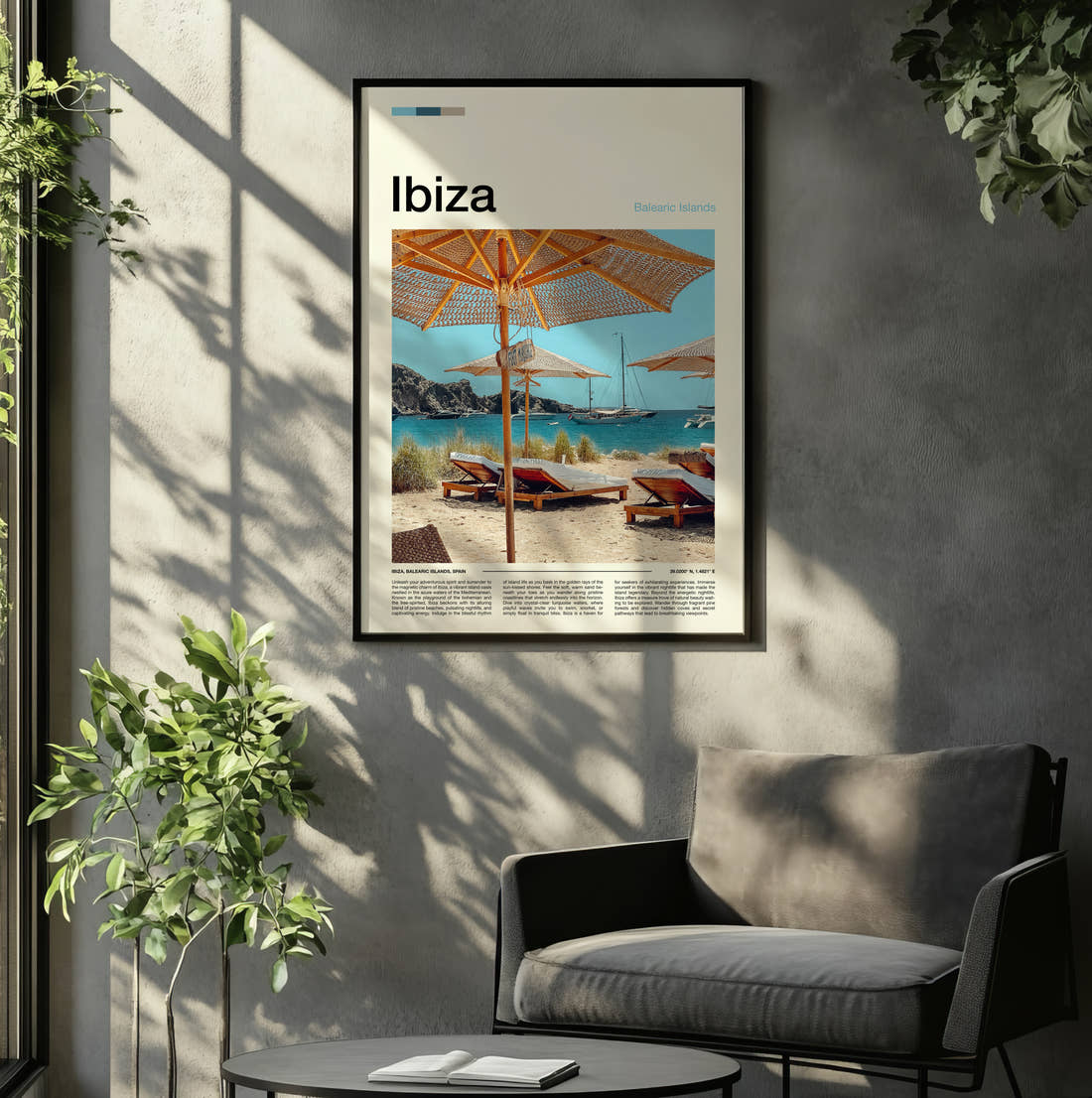 Ibiza Sun Loungers And Parasols Travel Print framed on the wall of a relaxed living room