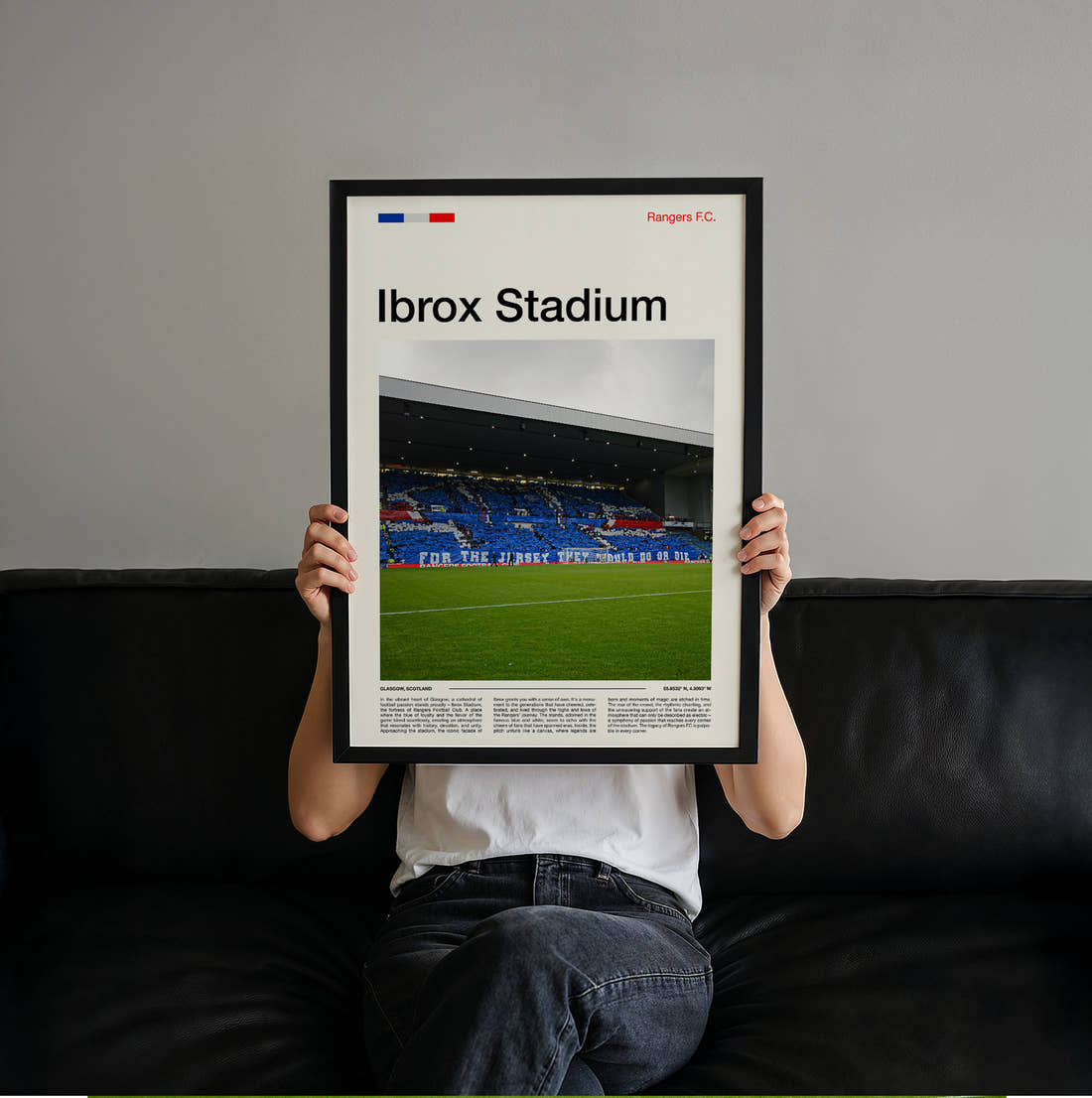 Ibrox Stadium Print held up by hand to show the size of the print