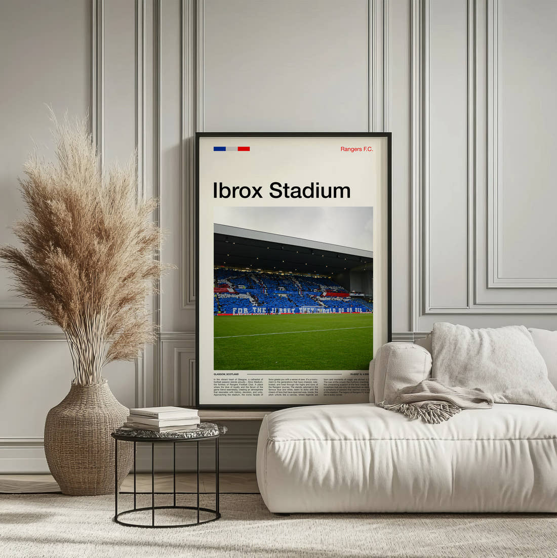 Ibrox Stadium Print framed on the wall of a calm, neutral bedroom