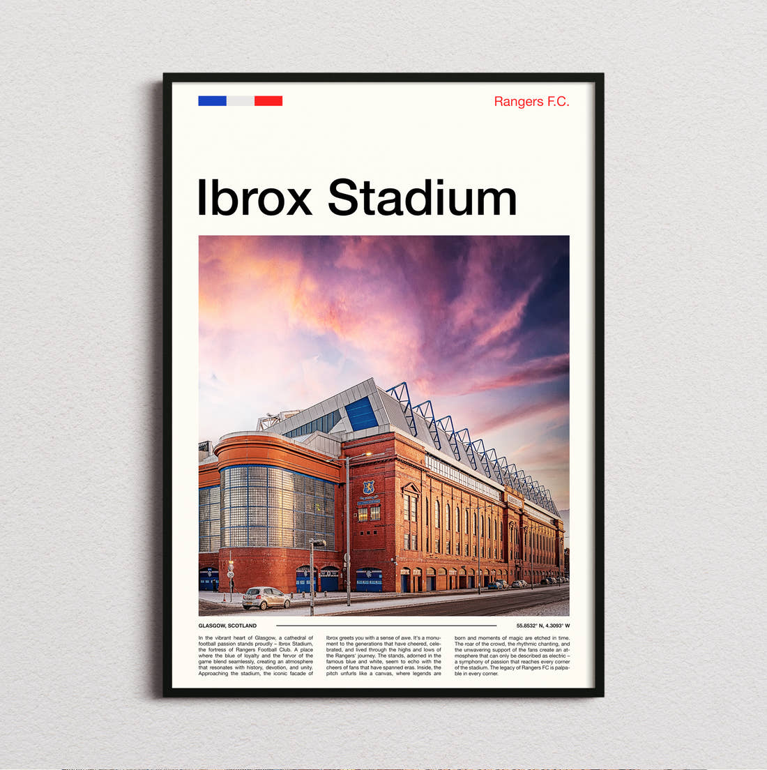 Ibrox Stadium Print framed and photographed straight on