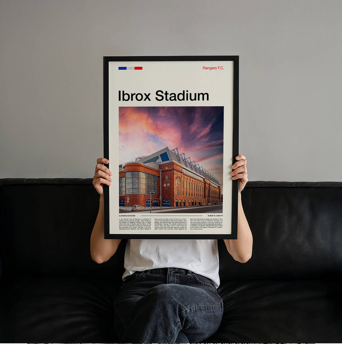 Ibrox Stadium Print held up by hand to show the size of the print