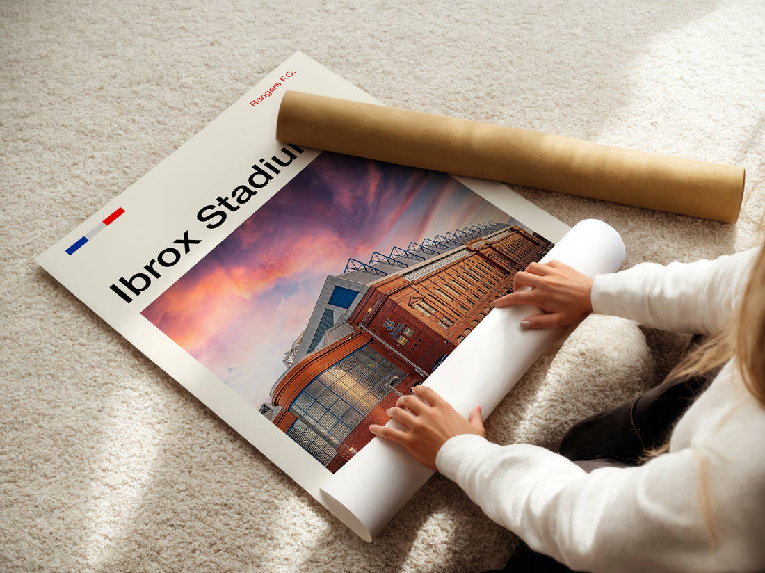 Ibrox Stadium Print being unrolled from its postal tube