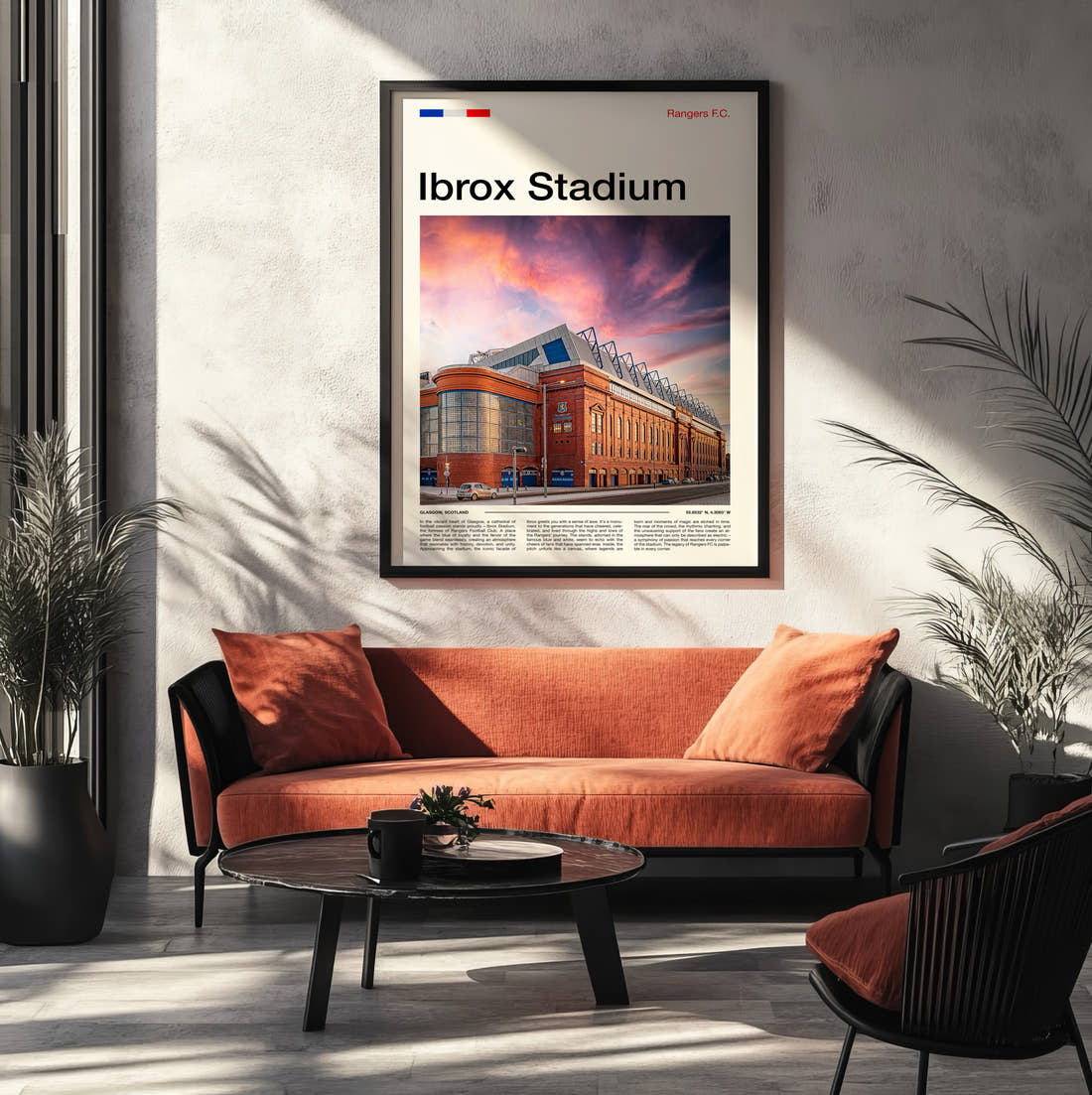 Ibrox Stadium Print framed on the wall of a modern living room