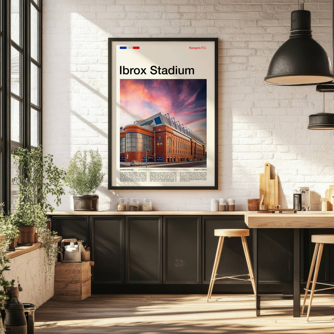 Ibrox Stadium Print framed on the wall of a bright kitchen and dining space