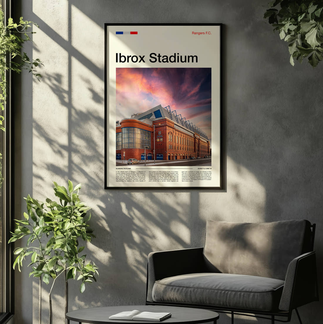 Ibrox Stadium Print framed on the wall of a relaxed living room
