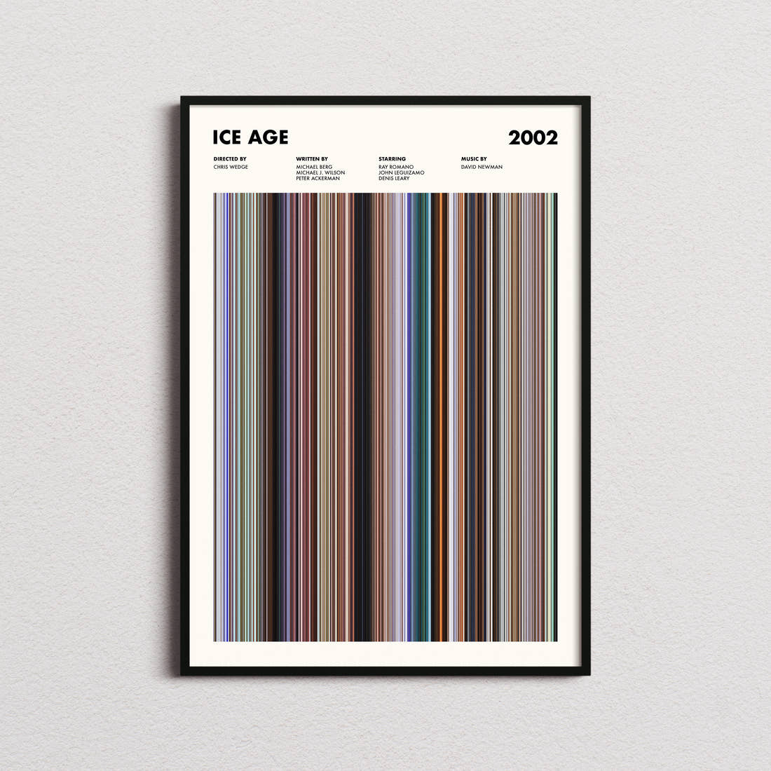 Ice Age Movie Barcode Poster framed on a plain studio wall