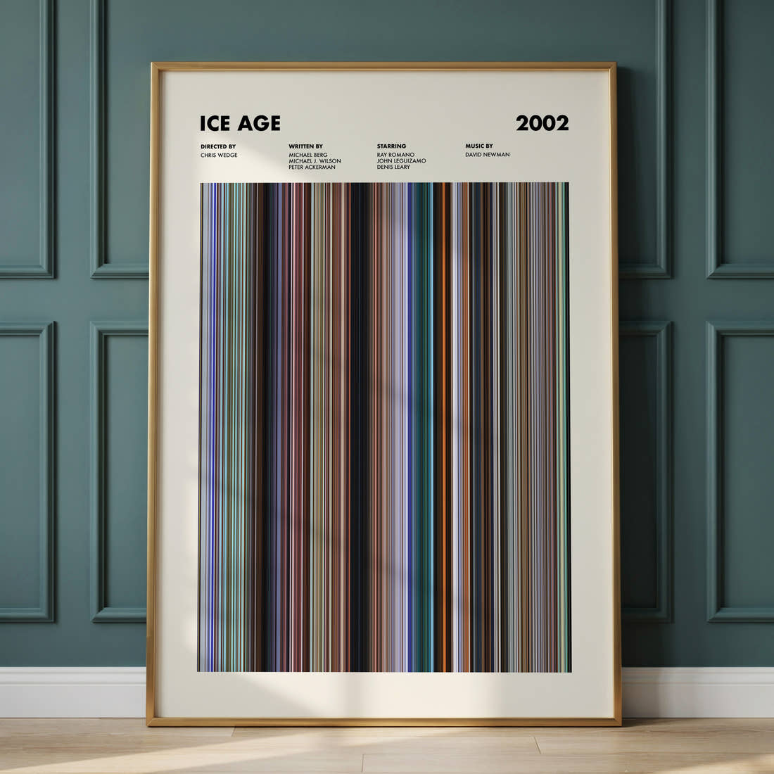 Ice Age Movie Barcode Poster framed and leaning against a panelled wall