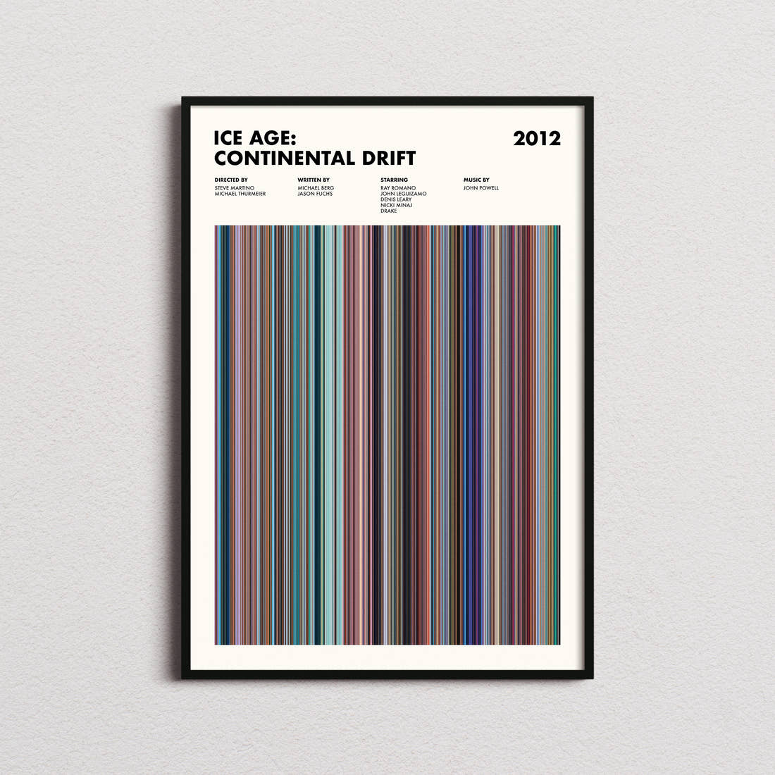 Ice Age: Continental Drift Movie Barcode Poster framed on a plain studio wall