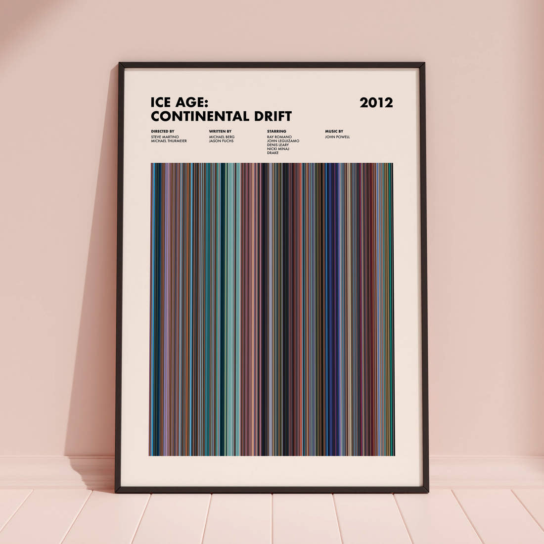Ice Age: Continental Drift Movie Barcode Poster framed and leaning against a coloured wall