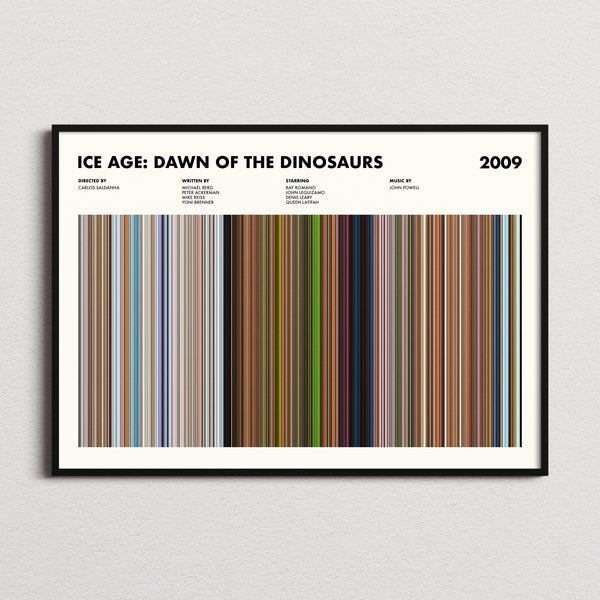 Ice Age: Dawn of the Dinosaurs Movie Barcode Poster framed and photographed straight on