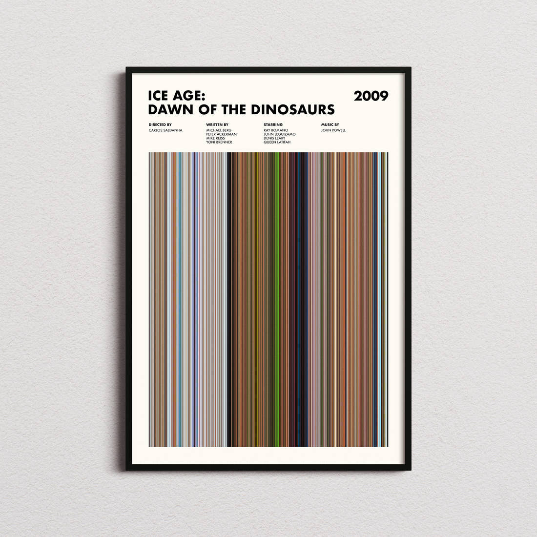 Ice Age: Dawn of the Dinosaurs Movie Barcode Poster framed on a plain studio wall