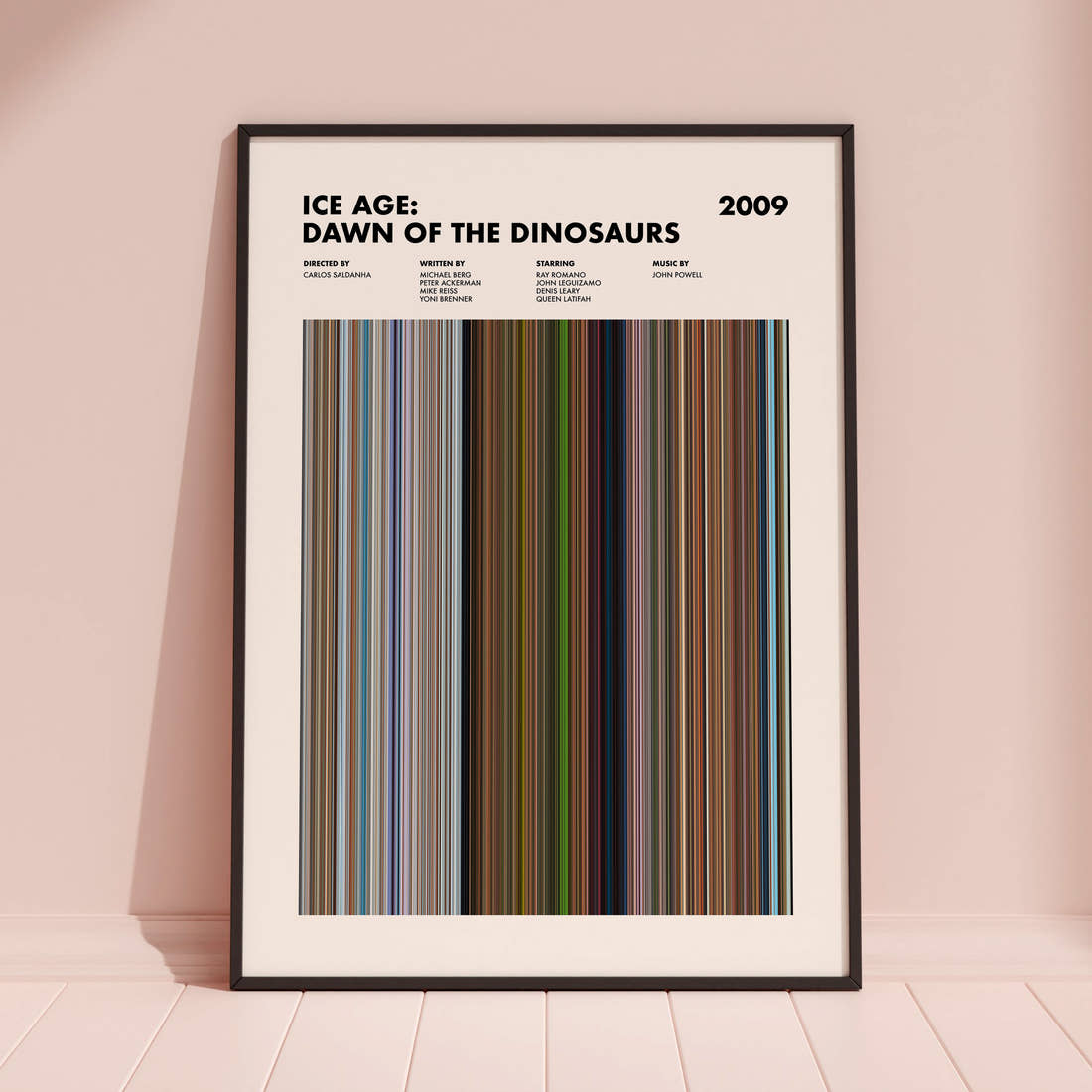 Ice Age: Dawn of the Dinosaurs Movie Barcode Poster framed and leaning against a coloured wall